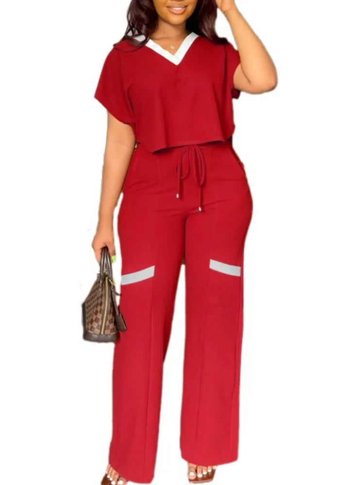 Elegant Women's Casual Short Sleeve T-shirt Sports Suit Summer Fashion Solid V Neck Short Top & Straight Pants Two Piece Sets