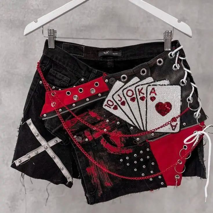 Gothic Retro Skirt Y2K Denim Shorts Sweetheart Playing Card Graphic Retro Rhinestone Baggy Shorts High Waist Slim Fit Mini Skirt