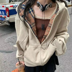 Brown Zip Up Hoodie Women 2023 Autumn Lattice stitching Long Sleeve Casual Oversized Sweatshirt Solid Jacket Women Clothing