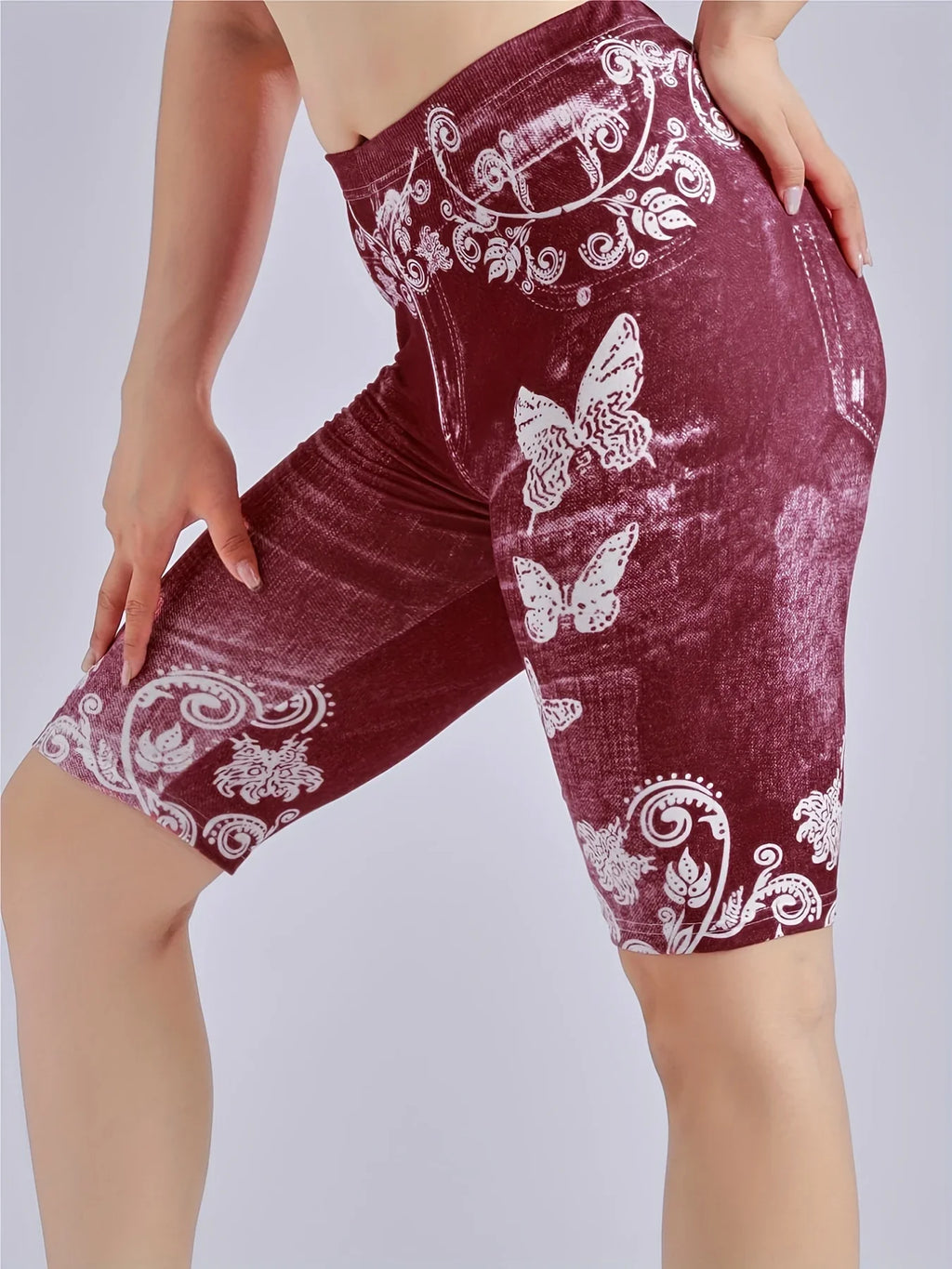 3 Piece Set Of Lmitation Denim Leggings For Women Butterfly Waist Fruit Flower Elastic Shorts High Waist Casual