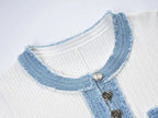 Elegant Denim Patchwork Knitted Long Dress Women Fashion V Neck Short Sleeved Buttons Bodycon Dresses Female White Pockets Robes