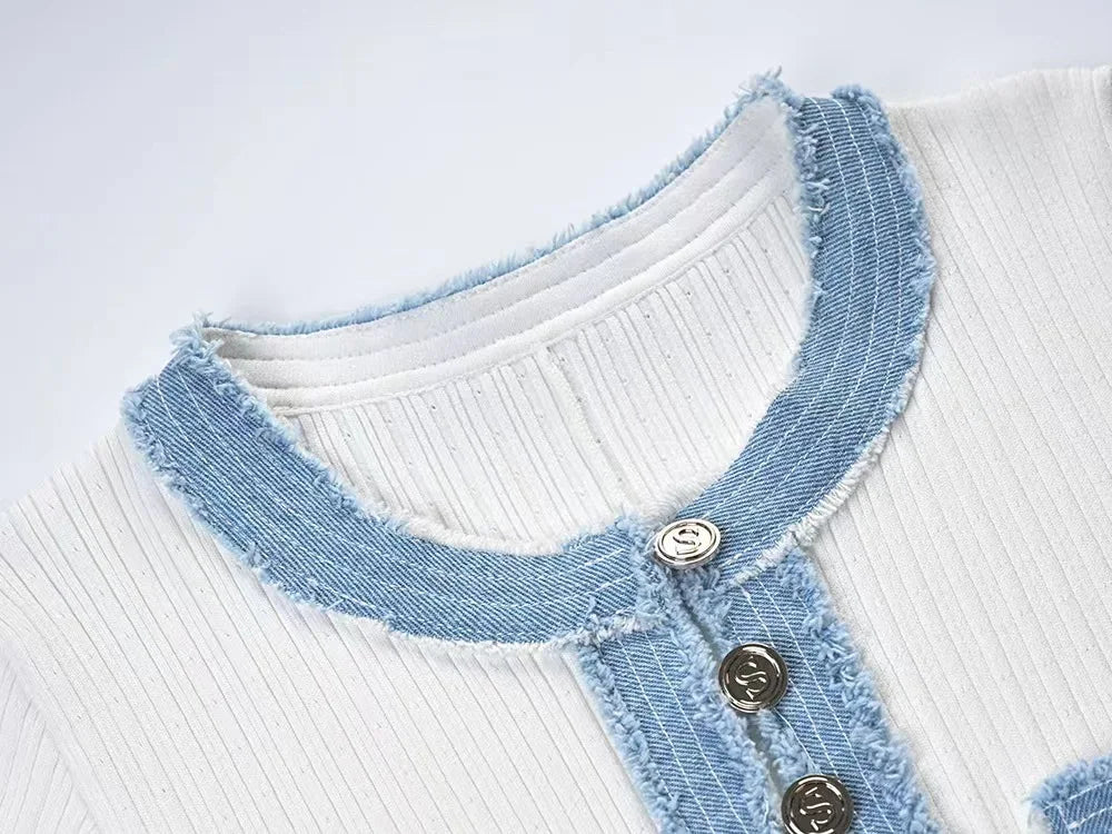 Elegant Denim Patchwork Knitted Long Dress Women Fashion V Neck Short Sleeved Buttons Bodycon Dresses Female White Pockets Robes