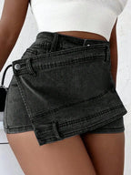 2023 Women Fashion Denim Mini Skort Rave Street Wrap Stretch Irregular A-Line Skinny Cargo Jean Shorts Mujer