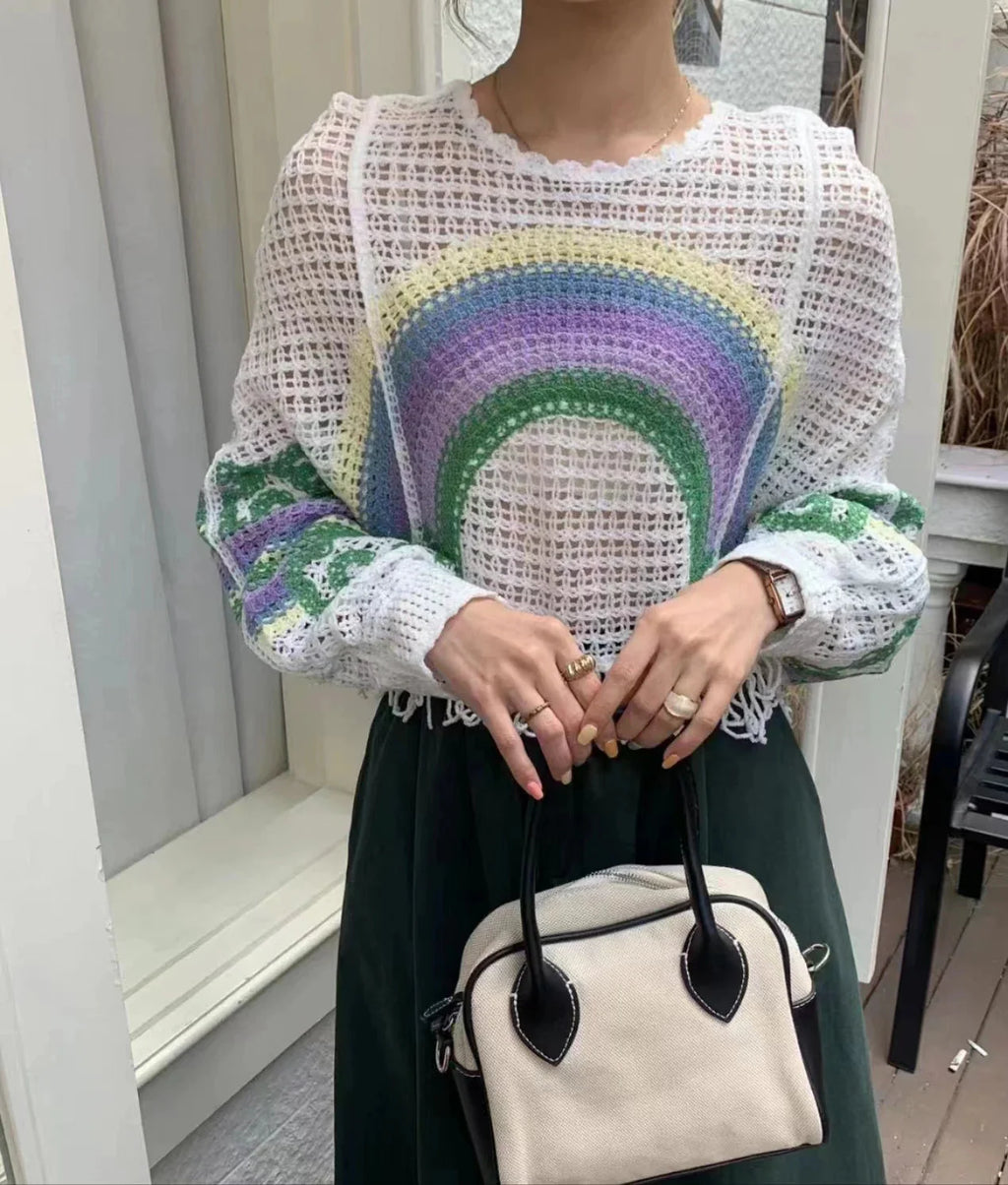 Embroidery Rainbow Crochet Top Sheer Openwork Pullover Batwing Sleeve Cover Up for Women Spring Summer Fairycore Outfit