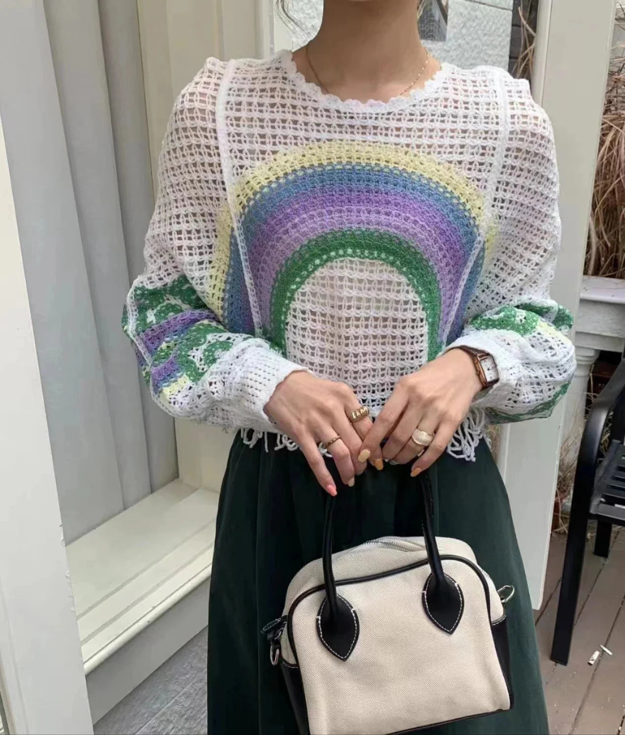 Embroidery Rainbow Crochet Top Sheer Openwork Pullover Batwing Sleeve Cover Up for Women Spring Summer Fairycore Outfit