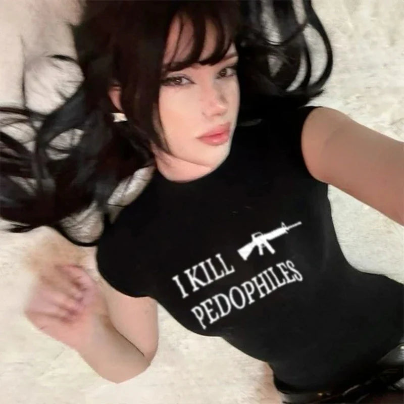 Grunge Punk Hip Hop Y2K Womens T-Shirt Short Sleeve Sexy Slim Chic Fashion Printed Crop Top Gothic Harajuku Emo Girls Streetwear