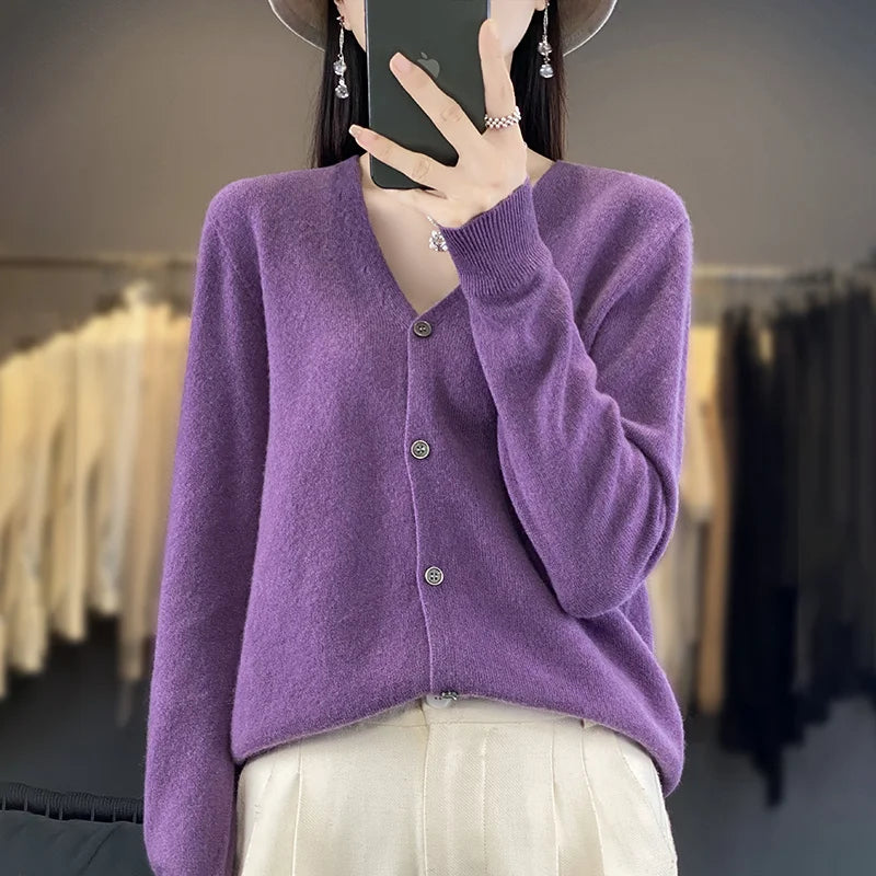 100 Merino Wool Knitted V-neck Sweater Women's Top Loose Korean Version Fashionable Versatile Autumn And Winter Cashmere Sweater