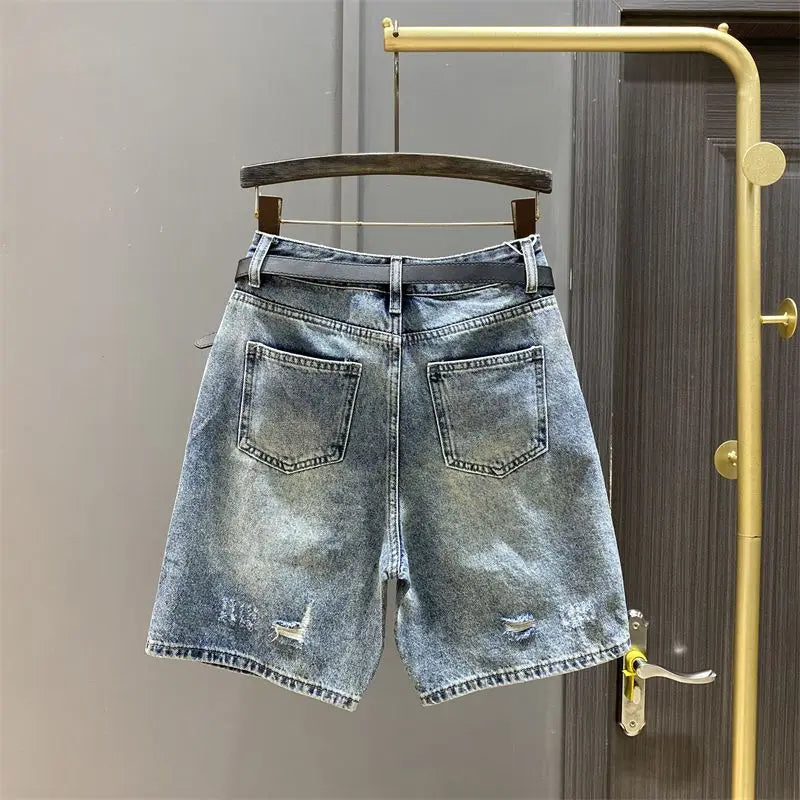 2024 Summer Latest Design Women's Knee-Length Casual Cotton Short Jeans Shorts Washed Blue Ripped Hole New Kpop Luxury Jeans