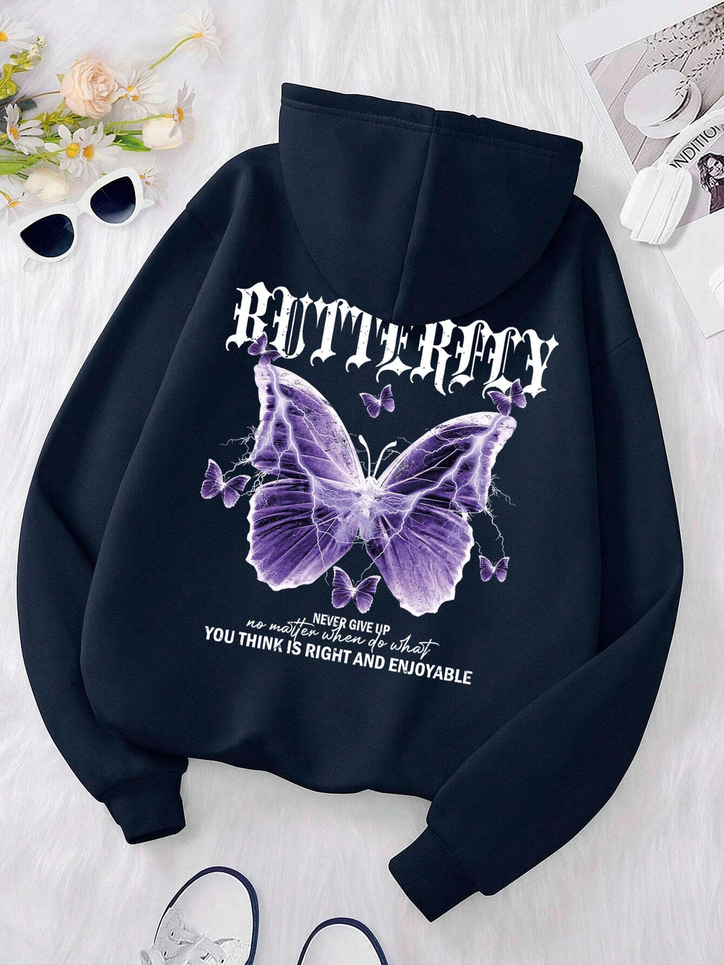 Beautiful Purple Butterfly Printing Hoodies Women Fleece Pocket Hoody Simple Casual Hoodie Autumn Loose Female Streetwear