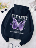 Beautiful Purple Butterfly Printing Hoodies Women Fleece Pocket Hoody Simple Casual Hoodie Autumn Loose Female Streetwear