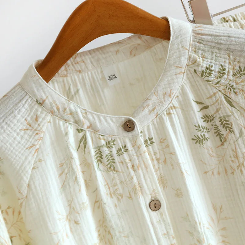 2025 New Spring and Autumn Women's Pajama Set 100% Cotton Crepe Printed Long Sleeve Pants Two Piece Home Suit Set Sleepwear