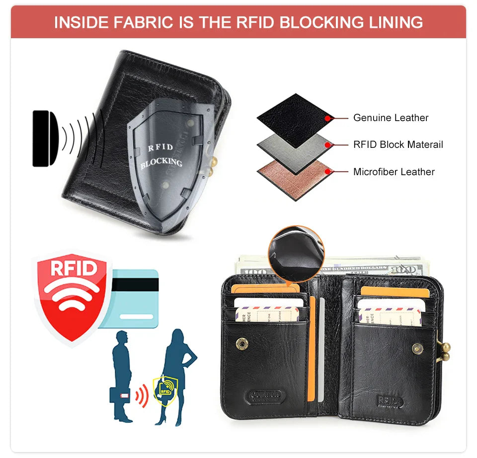 CONTACT'S Genuine Leather Short Wallets for Women Kiss Lock Classic Wallet Metal Frame Coin Purses Card Holder Money Clip Bags