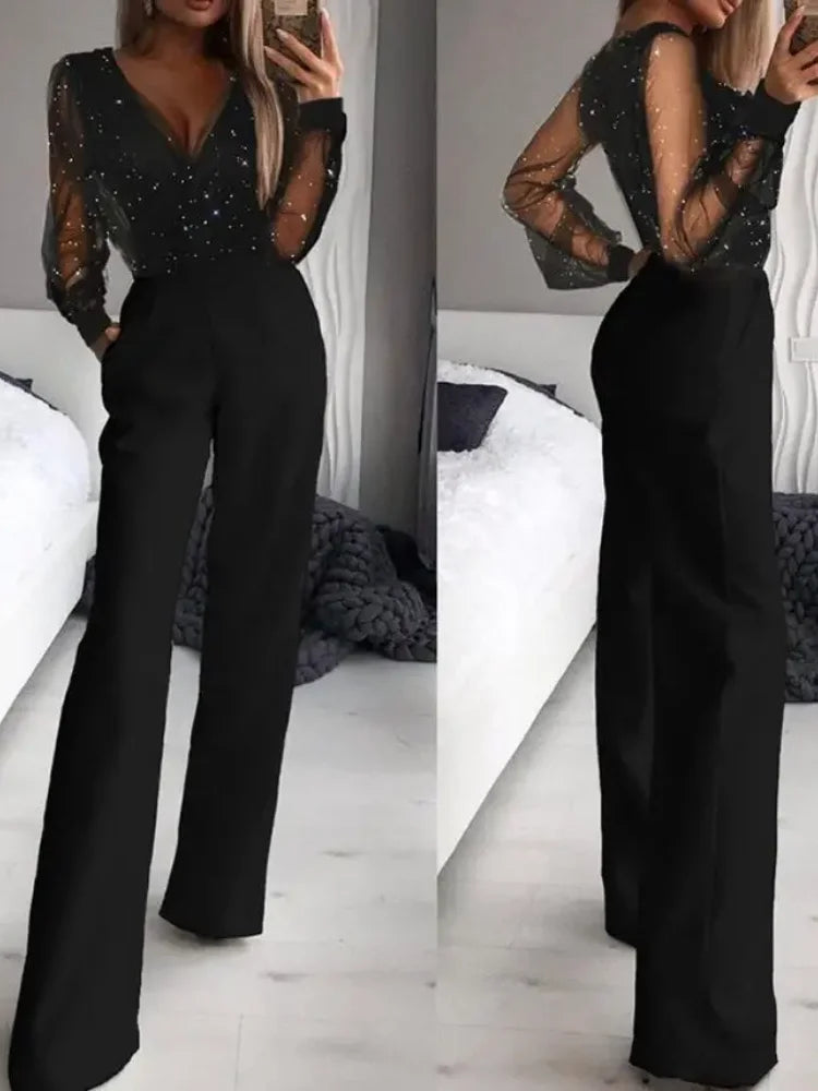 Elegant Jumpsuit Women Spring Fashion Glitter Print Sexy V-Neck Long Sleeve Casual Contrast Mesh Pocket Straight Leg Jumpsuit
