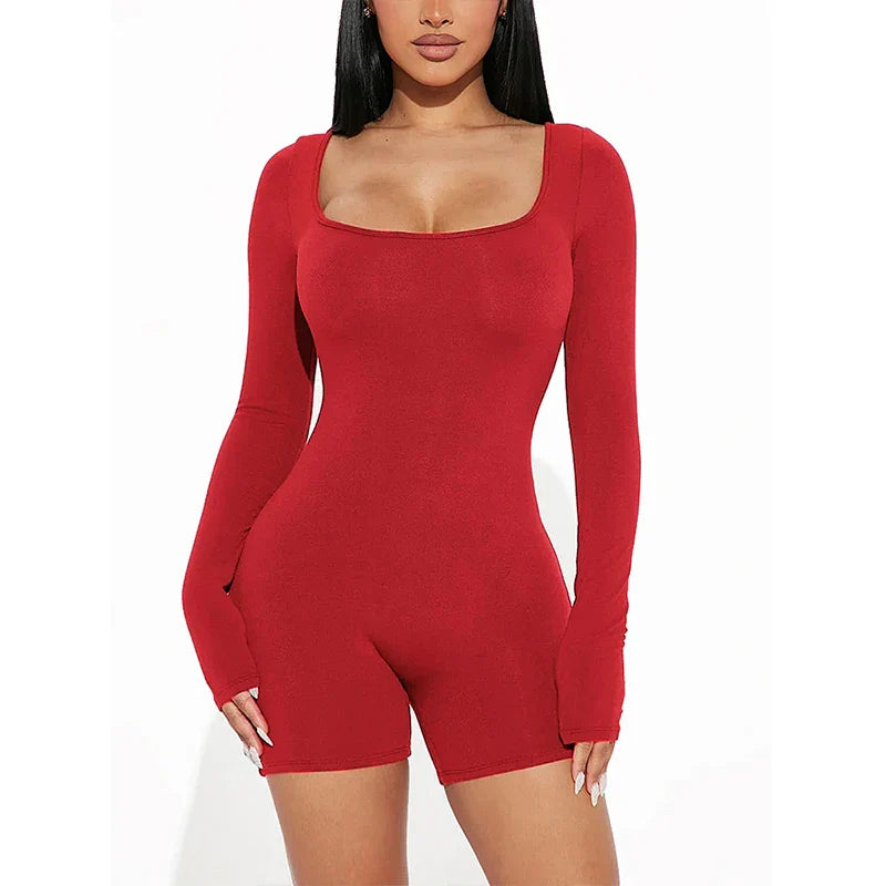 2025 Spring and Summer New Fashion Women's Long Sleeve Jumpsuit Shorts  Long Sleeve Sexy Slim Jumpsuit U Neck Jumpsuit