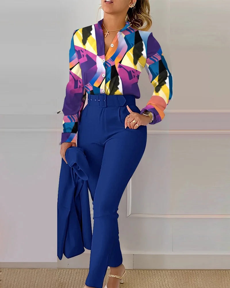 Elegant Women Printed Two Piece Suit Sets Spring Autumn V Neck Long Sleeve Shirt Top & Long Pants Set With Belt Workwear Outfits