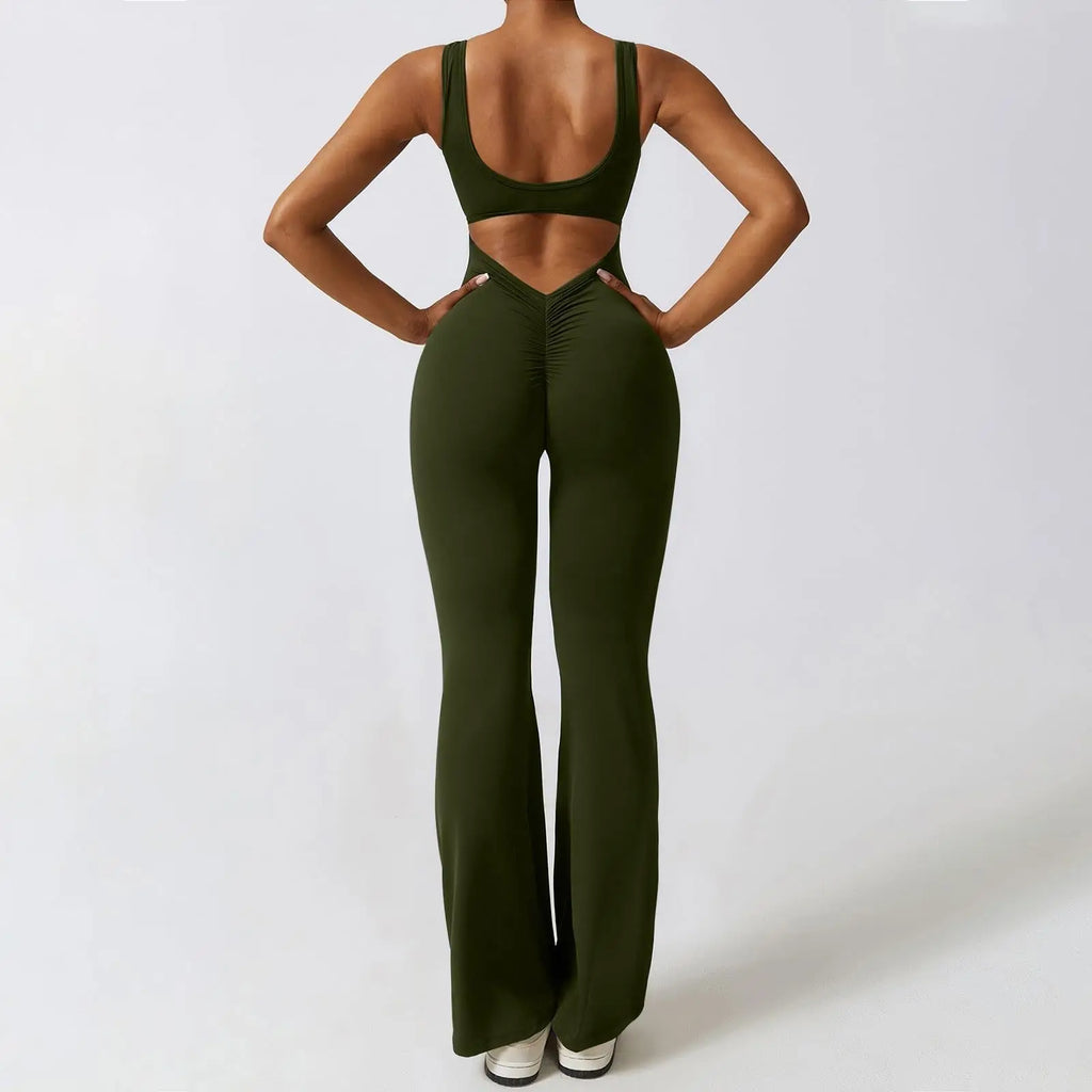 2025 Summer New Women's Sexy Hottie Style Backless One-piece Suit Sports Fitness Yoga Pullover One-piece Suit Flared Pants
