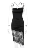 Dulzura Lace Patchwork Satin Mini Dress Women Bodycon Sexy Lace Up Backless Short Dress Party Elegant Clothes Birthday Evening