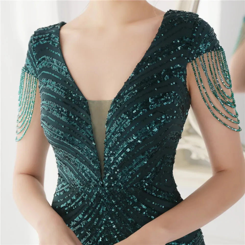 DEERVEADO Elegant V Neck Mermaid Evening Dress Long Luxury Beads Women Evening Party Dresses 2025 New Formal Dress 19085
