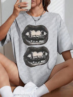 Chic Black & White Lips Graphic Tee for Women Casual Summer Short Sleeve T Shirt Stretchy Polyester Blend Machine Washable