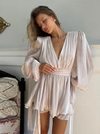 3D Flower Ruffles Mini Dress Women Elegant V Neck Lace Up Long Sleeves Ribbon Vestidos Female 2025 Summer Fashion Chic Dress