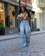 BWQ Washed Denim Women's Set Full Sleeve Floral Jacket and Pockets Cargo Jeans Pants Suit 2025 Street Two 2 Piece Set Outfit