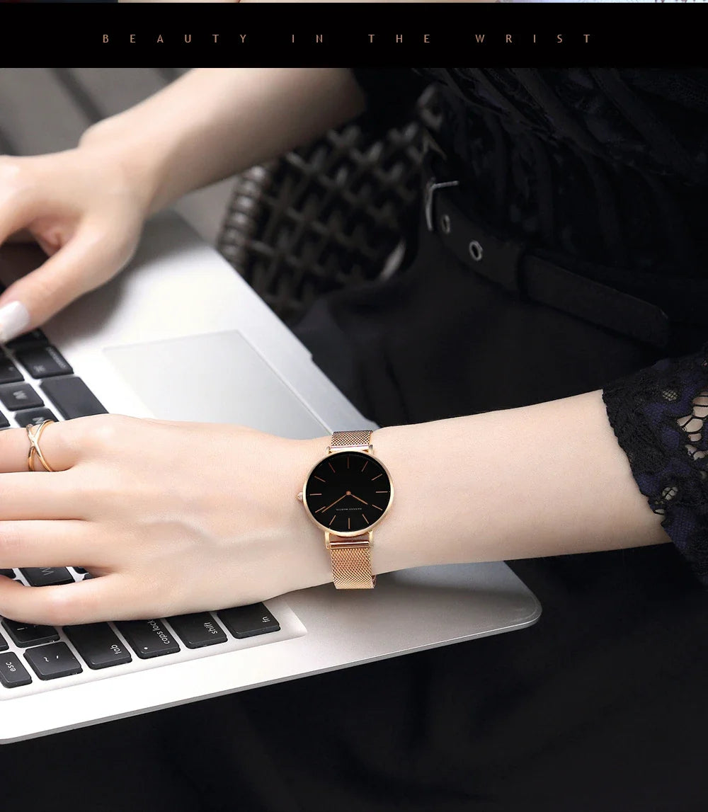 HANNAH MARTIN Brand Classic Women Quartz Watch 36mm Rose Gold Stainless Steel Mesh Strap Japanese Movement Girl Gift Wrist Watch
