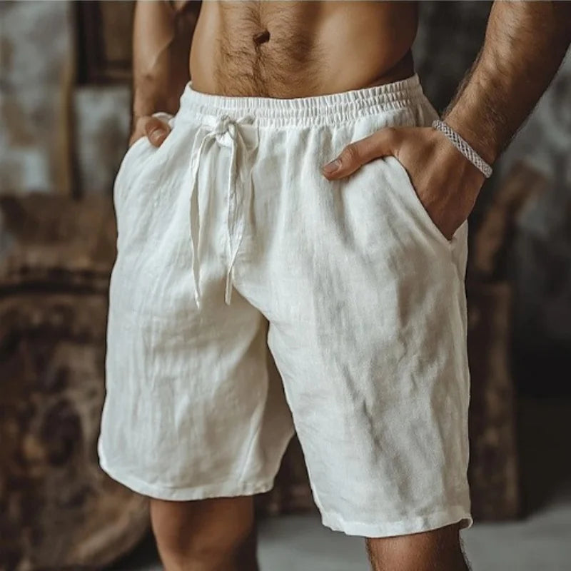 2025 New Summer New Men's Cotton Linen Breathable Shorts Hawaii Beach Pants Male Solid Color Trousers Loose Versatile Streetwear