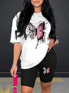 Beautiful Butterfly Pattern Print For Women Short Sleeved Shorts Set Soft Essential Two Piece Set Sports Comfortable Shorts Sets