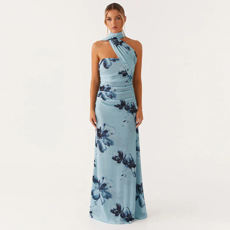 Elegant Floral Print Maxi Dress Backless Sleeveless Long Robes High Waist Slimming Dresses 2025 New Lady Vacation Beach Clothing