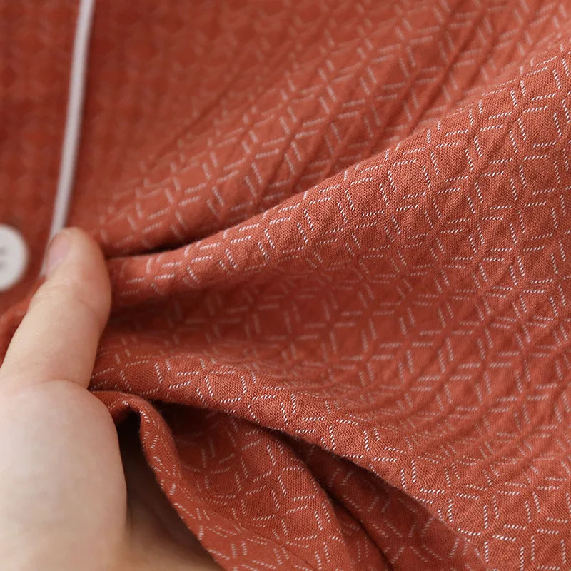 2025 New Japanese Spring/Summer Couple Pajama Set 100% Cotton Crepe Short Sleeve and Long Pants Two Piece Home Suit Thin Style