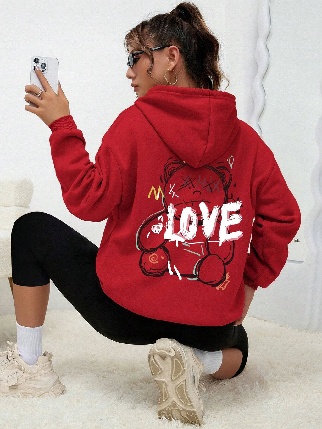 Graffiti Line Bear Simple Print Female Hoody Harajuku S-Xxl Sweatshirt Fashion Casual Street Hooded Autumn Warm Streetwear Women
