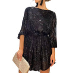 2024 New Fashion Women´s Autumn Sequin Party Dress, Sparkle Long Sleeve Round Neck Short Cocktail Dress with Belt