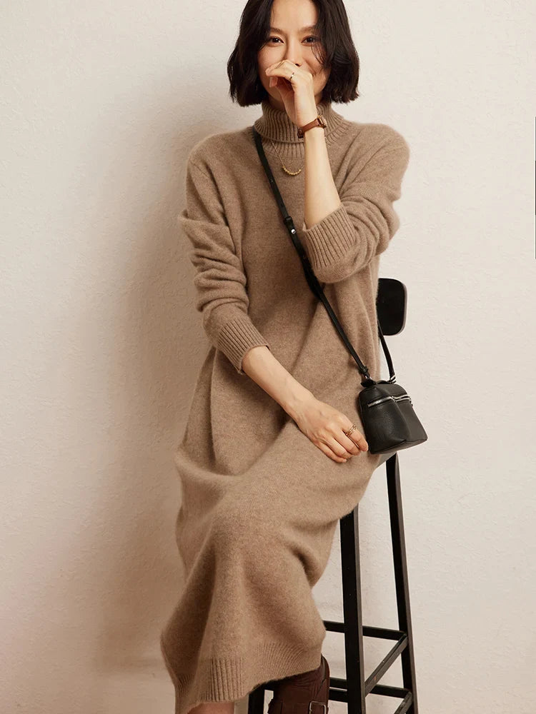 100% Cashmere Sweater Long Dress New Women High Turn-down Collar Pullover  Soft Cosy Autumn Winter Casual Solid Knitwear Dress