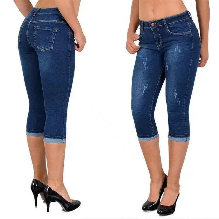 2025 Women's Summer Skinny Denim Pants Jeans Mid Waist Stretch Capri Pants Knee Length Trousers Black Blue Ladies Pencil Pants