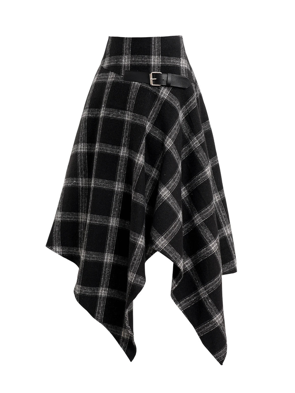Dressfo Womens Asymmetic Hem Plaid Skirt Buckle Strap Detail Casual Midi A Line Dress Black Skirts 2024 New