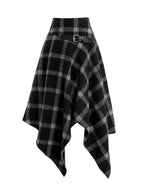 Dressfo Womens Asymmetic Hem Plaid Skirt Buckle Strap Detail Casual Midi A Line Dress Black Skirts 2024 New