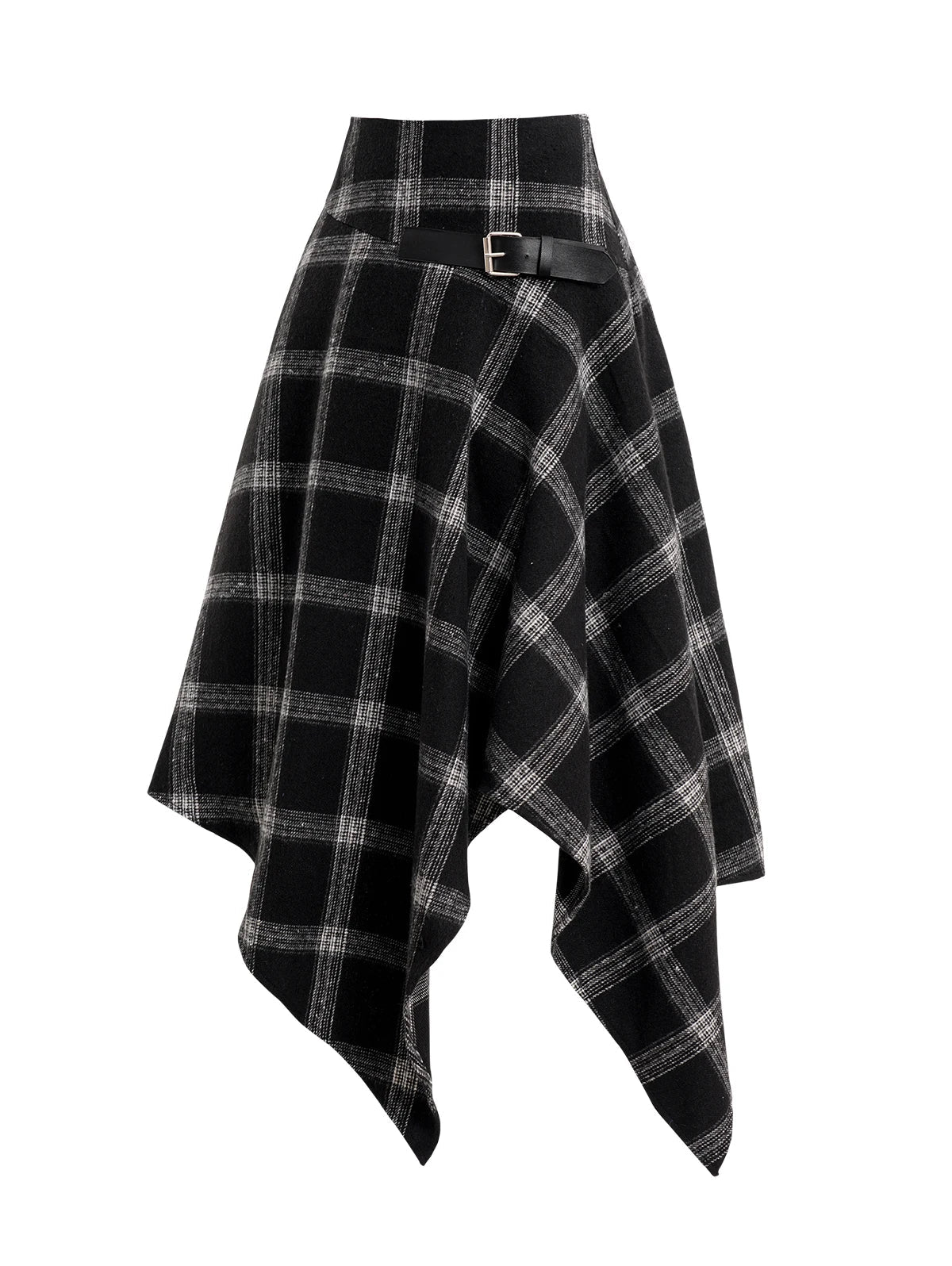 Dressfo Womens Asymmetic Hem Plaid Skirt Buckle Strap Detail Casual Midi A Line Dress Black Skirts 2024 New