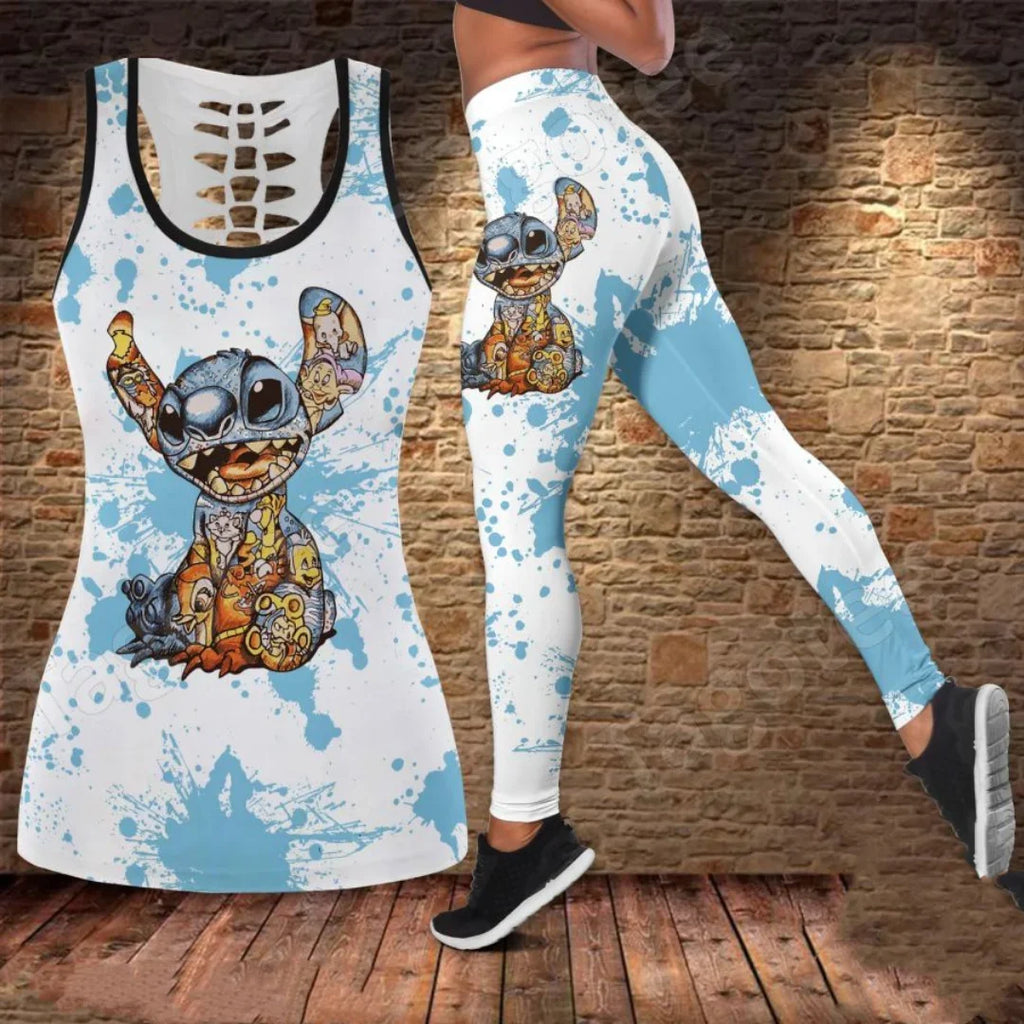 2024 Disney Stitch Women's Hollow Tanktop Yoga Set Summer Fitness Leggings Tracksuit Disney Cutout Tank Top Leggings Set