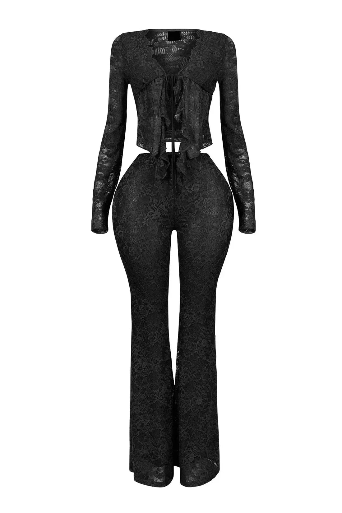 2025 Women's Set Long Sleeve Lace See Through Shirt + Long Pants Street Evening Sexy Two 2Piece Sets Outfits Tracksuit