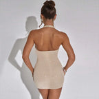 2025 New Diamond Pasted Solid Color Mini Dress Women Fashion Deep V-neck Strapless Dresses Female Trend Streetwear Clothing