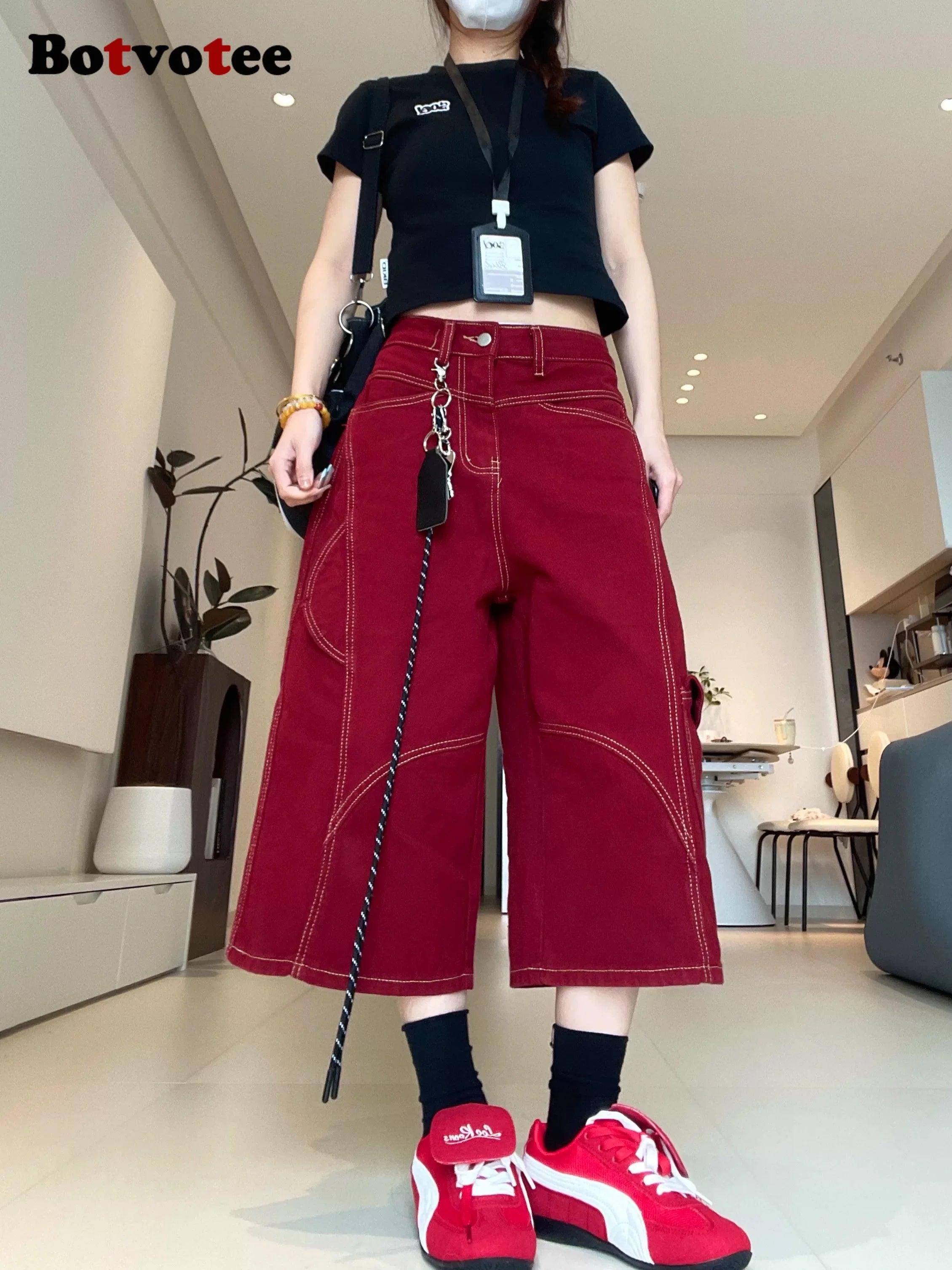 Botvotee Burgundy Calf Jeans for Women High Waisted Wide Leg Baggy Cargo Denim Shorts 2000s Y2k Vintage Streetwear Short Jeans