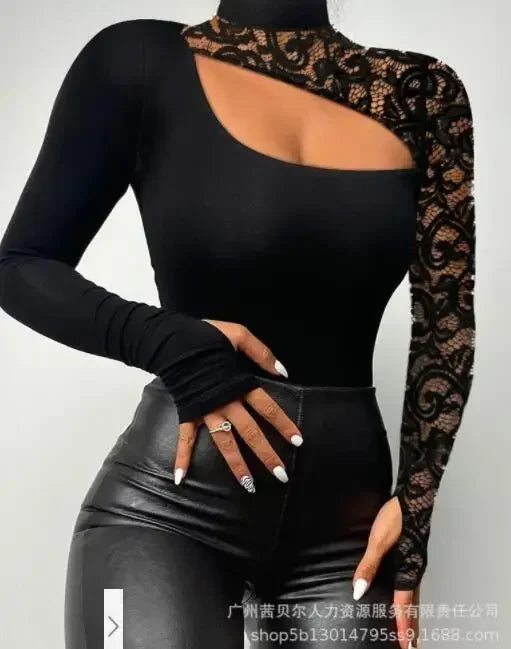 Contrast Lace Long Sleeve Cold Shoulder Bodysuit Women Top Romper Solid Color Fashion Sexy Slim Skinny Bodysuits