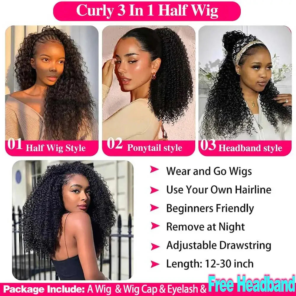 Half Wigs Human Hair Kinky Curly 3 In 1 Human Hair Wig Seamless Flip Over Half Wig Beginner Friendly Curly Wigs for Women