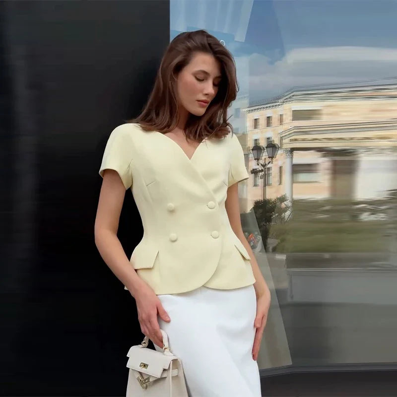 Elegant Short Sleeve Women's Top 2025 Summer Fashion V-neck Button Slim Office Lady Commuting Tops Street Solid Female Shirt
