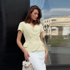 Elegant Short Sleeve Women's Top 2025 Summer Fashion V-neck Button Slim Office Lady Commuting Tops Street Solid Female Shirt