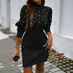 2025 Autumn Women Sweater Dresses Pearls Round Neck Long Sleeve Hip Wrap Dress Winter Elegant Ladies Casual Solid Slim Fit Dress
