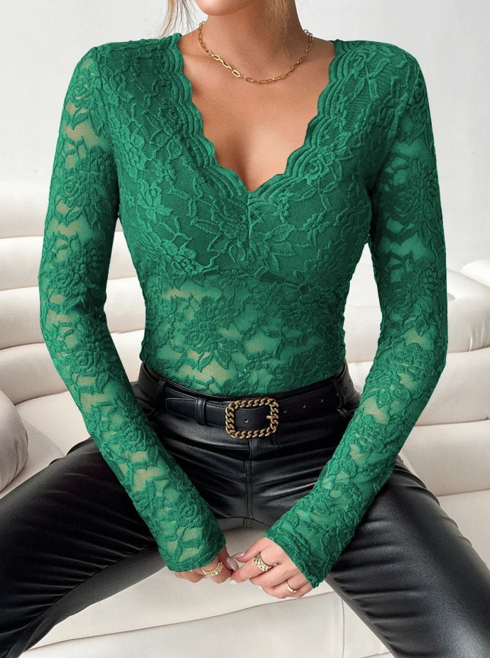 Blouse for Women Slim Deep V Neck T-Shirt 2025 Sexy Scallop Trim Lace Patchwork Glitter Flower Embroidery See-Through Shirt
