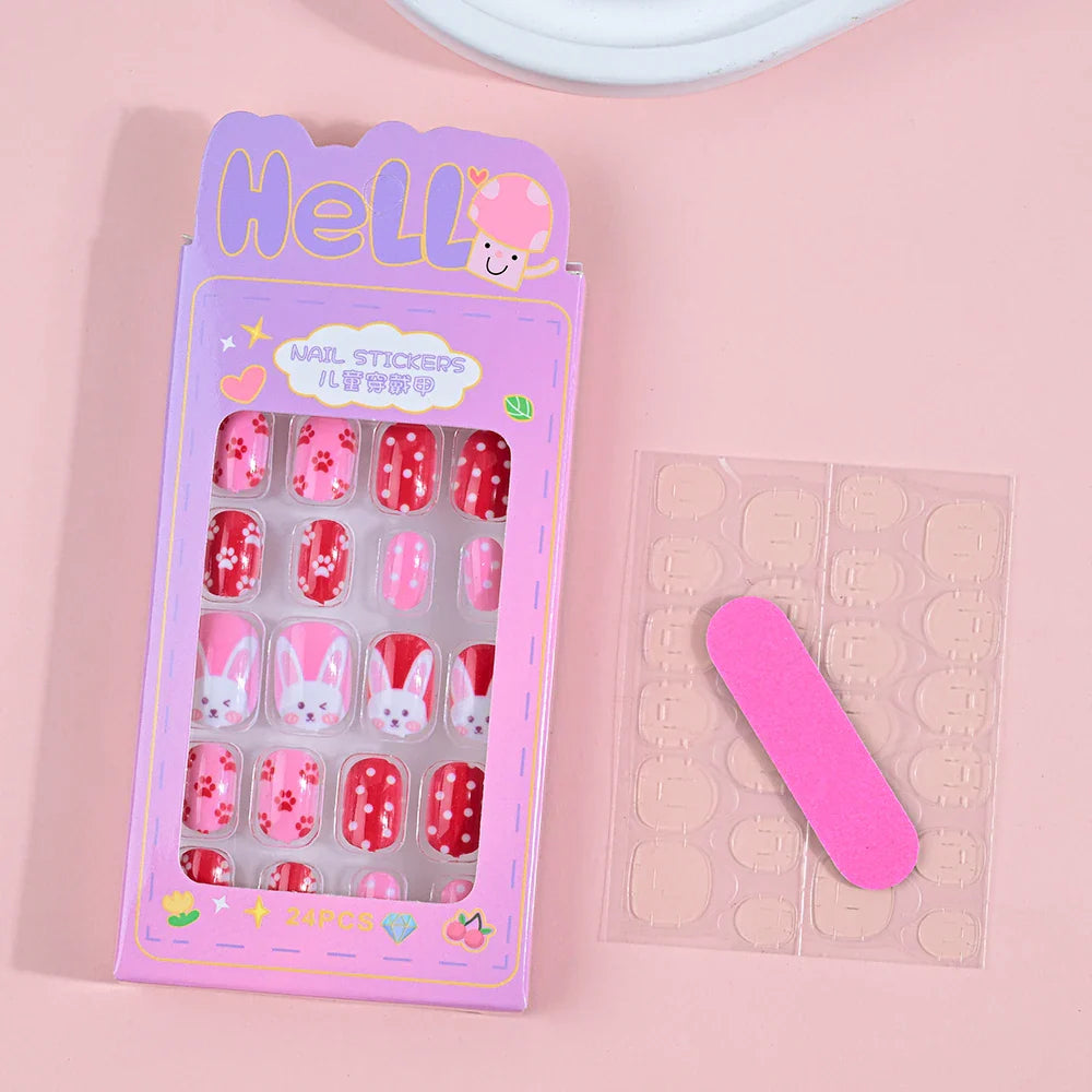 24Pcs Children Cartoon Nail Tips Colorful Cute Rabbit Pink Stars 6-14 Years old Girl Fake Nail With Jelly Glue Kids False Nail