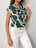 Brush Print Tie Neck Blouse, Elegant Short Sleeve Top For Spring & Summer, Women's Clothing