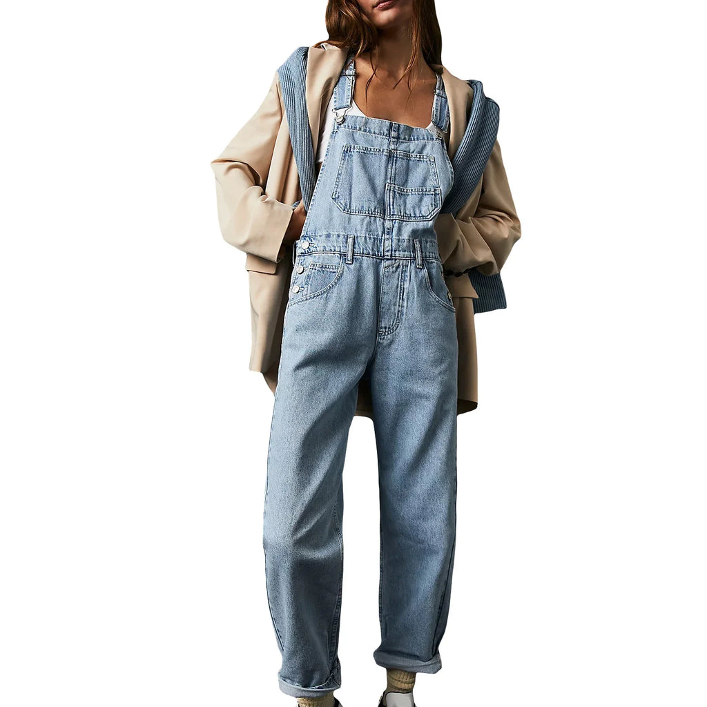 Casual Women Summer Vintage Retro Denim Long Jumpsuit Spaghetti Strap Straight Romper Pants Baggy Bib Overalls Jumpsuits